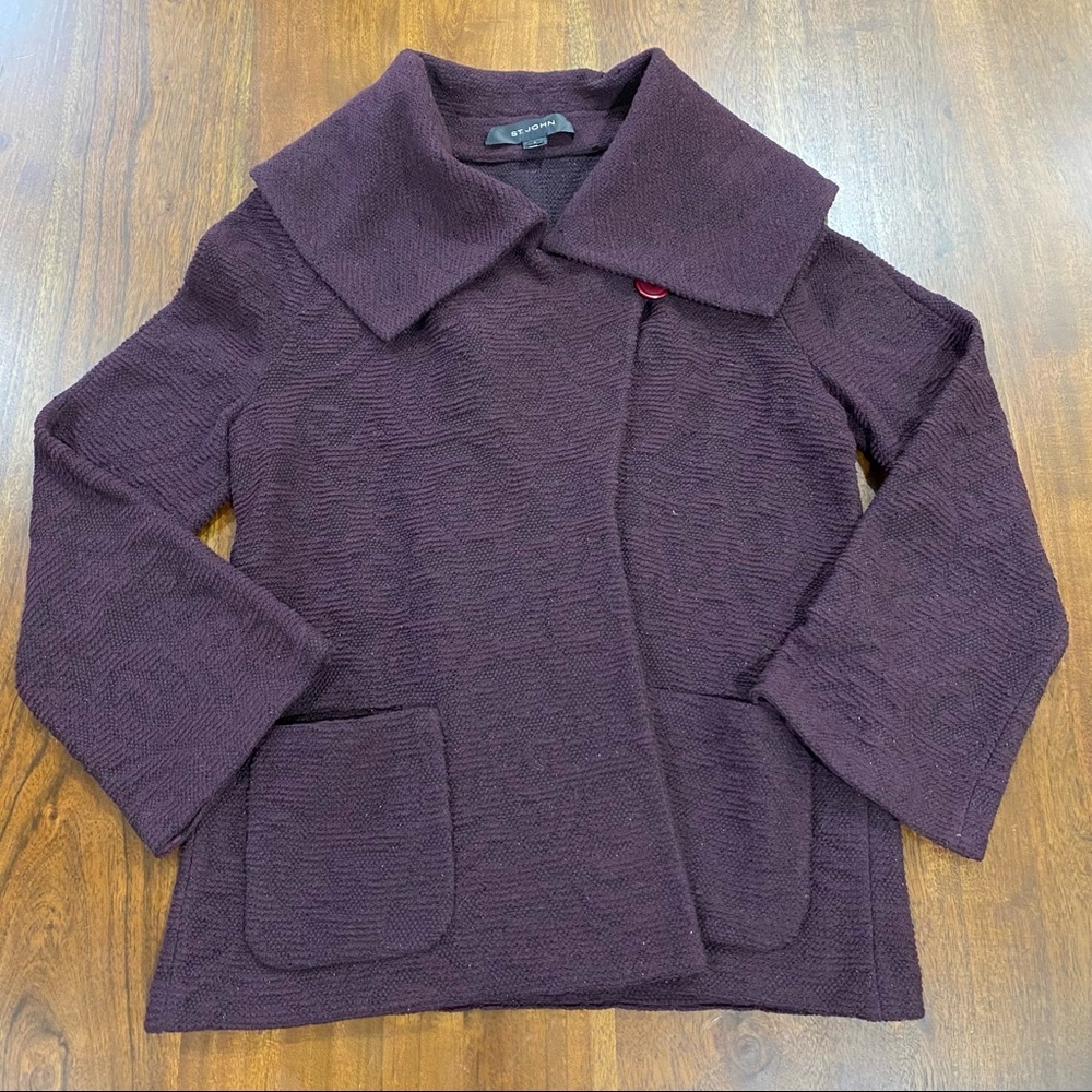 ST. JOHN Aubergine Purple Shimmer Paisley Brocade Wool Blend Knit Size 4